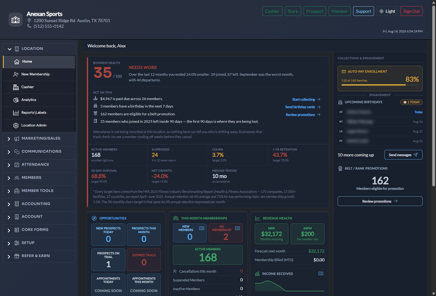 The new home page, showing business health